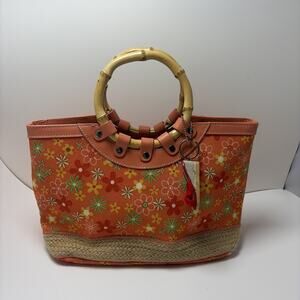 CL America Peach Canvas Flowers Bamboo Handled Purse Bag